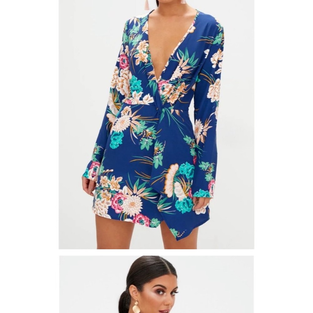 PrettyLittleThing Blue Floral Faux Wrap Long Sleeve Dress